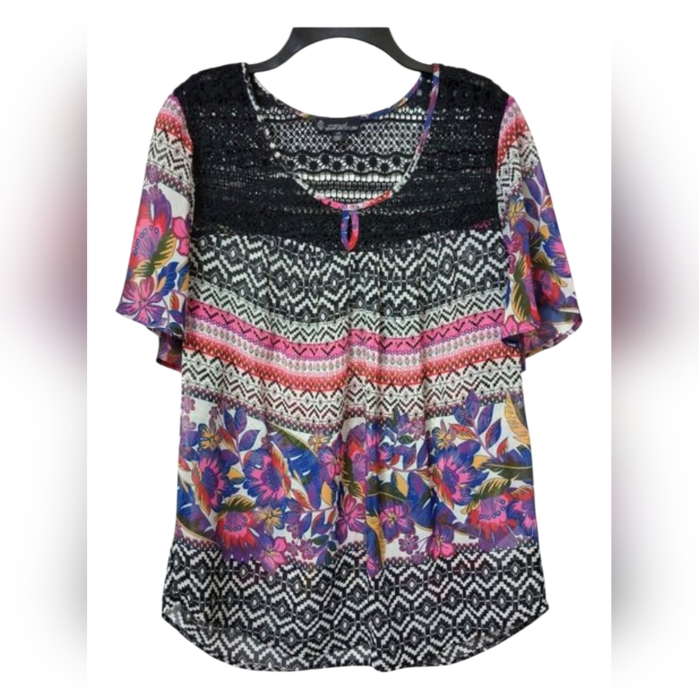Signature Studio Multi Print Flutter Sleeve Blouse Women's Size Large